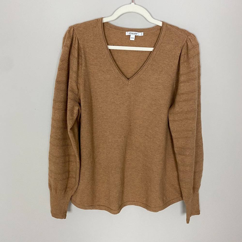 Chicos Cashmere Blend Balloon Sleeve V Neck Sweater Brown Womens Large Textured